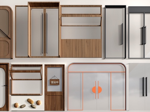  现代店铺玻璃门 咖啡厅门 奶茶店玻璃门 玻璃双开门su模型 