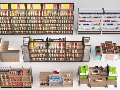  现代超市货架 零食店货架 置物架 文创展架su模型 