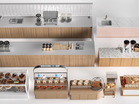 现代咖啡吧台 甜品店货架 收银台 服务台su模型