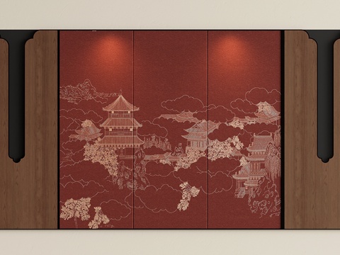  新中式沙发背景墙 楼阁故宫壁画背景墙 护墙板背景墙su模型 