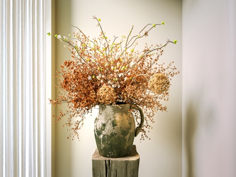  新中式花瓶 枯木花艺盆景 陶罐花瓶 干枝花艺 装饰摆件 花su模型 