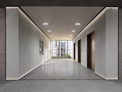  现代简约办公走廊 现代电梯间 走廊过道su模型 