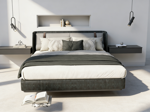 现代简约黑色皮质双人床 深灰色软包床头 黑色悬浮式床头柜su模型