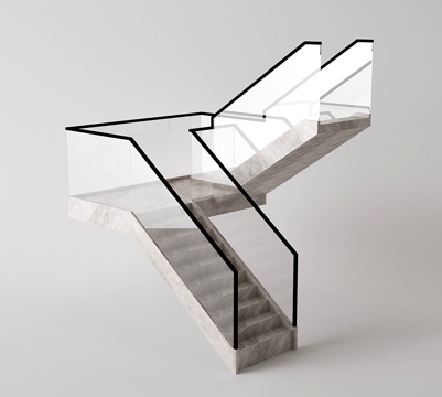 现代转折楼梯 剪刀楼梯 大理石楼梯 玻璃扶手su模型su模型