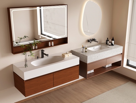  中古风浴室柜 现代洗手台 洗漱台su模型 