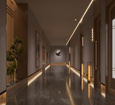  新中式酒店走廊 洗浴中心过道 洗浴中心过道su模型 