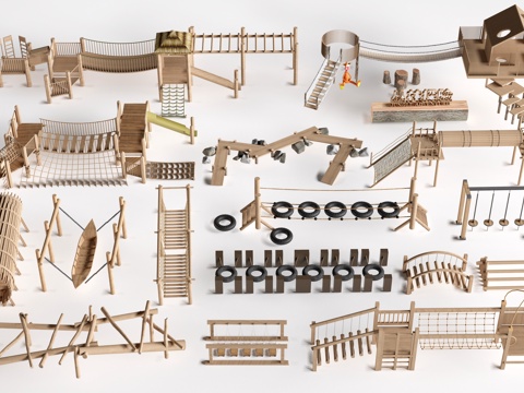 现代户外儿童游乐设施 无动力游乐设施 乡村研学游乐设施su模型