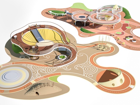  现代户外儿童游乐区 户外儿童游乐场 儿童塑胶场地su模型 