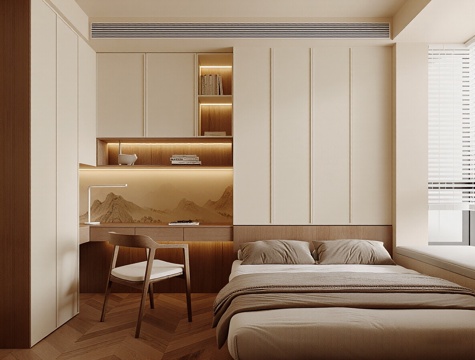  现代新中式家居卧室 双人床 花瓶 摆件 吊灯 衣柜3d模型 