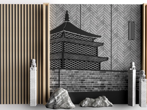  新中式背景墙 文化墙 瓦片背景墙 前台背景墙 形象墙su模型 