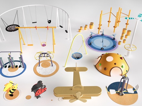  现代儿童游乐器材 户外秋千 儿童游乐设施su模型 