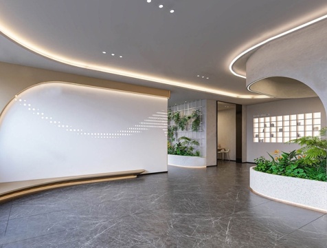  现代办公走廊 办公走廊大厅 办公公区su模型 