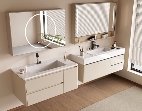  奶油风浴室柜 现代洗手台 洗漱台su模型 