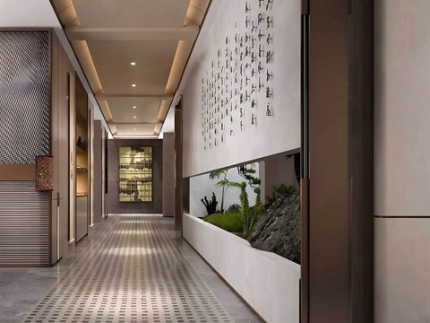  新中式酒店走廊 洗浴中心过道 酒店足浴过道su模型 