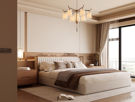 现代新中式家居卧室 双人床 花瓶 摆件 吊灯 衣柜3d模型