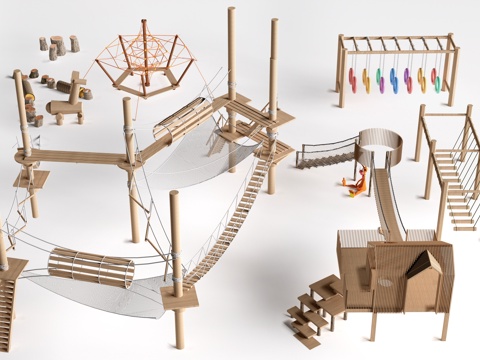 现代户外儿童游乐设施 无动力游乐设施 乡村研学游乐设施su模型