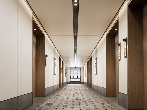  新中式现代酒店走廊  酒店过道su模型su模型 