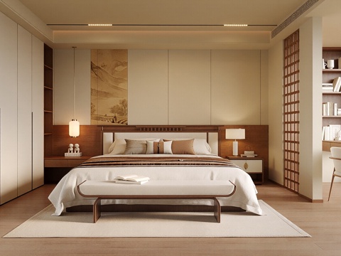 现代新中式家居卧室 双人床 花瓶 摆件 吊灯 衣柜3d模型