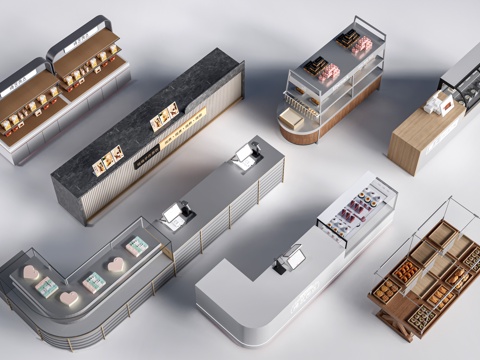 现代咖啡吧台 甜品店货架 收银台 服务台su模型