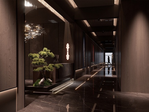  新中式酒店走廊 酒店过道 酒店前台su模型 