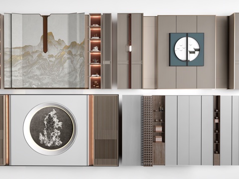 新中式餐厅背景墙 包厢背景墙 客厅背景墙su模型