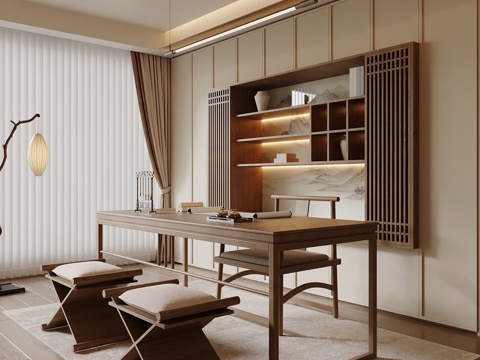 新中式书房 书桌椅 书柜 宋氏书房 茶室su模型