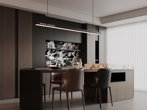 现代意式餐厅 餐桌椅 酒柜 岛台su模型