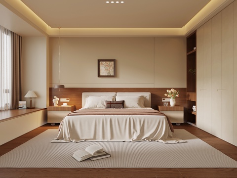 中古风卧室 双人床 衣柜 床头柜su模型