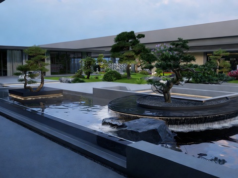  现代屋顶花园 现代天台花园 镜面水池 现代凉亭su模型 