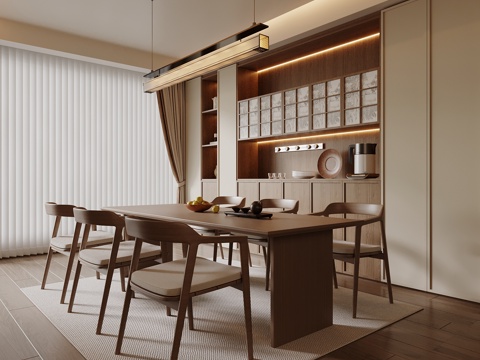 新中式餐厅 餐桌椅 酒柜 餐边柜 宋氏餐厅su模型