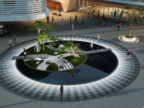  现代简约水景 喷泉 假山水景 镜面水景su模型 