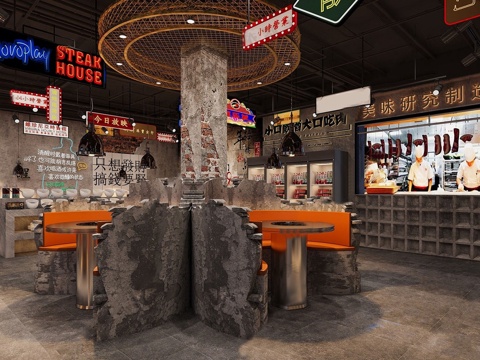  工业风烧烤店 餐饮店 火锅店 餐饮门店su模型 