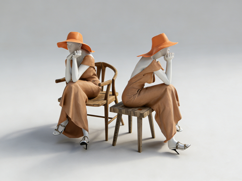 现代优雅女性坐姿人体模特 橙色长裙戴帽 宽檐帽 服装道具su模型