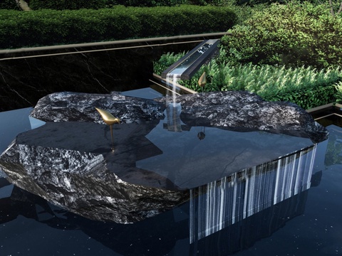  新中式水景 跌水景石 流水景石 流水景观su模型 