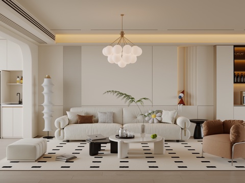  现代奶油风客厅 沙发茶几 多人沙发 吊灯 落地灯 地毯su模型 