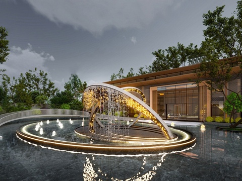  现代水景 镜面水景 入口水景 现代水景雕塑su模型 