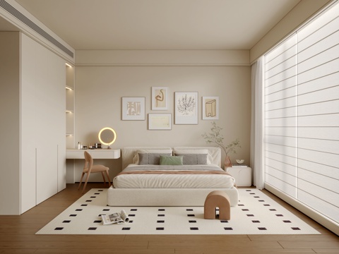  现代奶油风卧室3d模型 