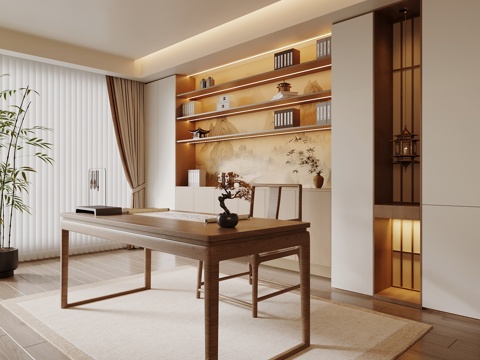 新中式书房 书柜 书桌椅su模型