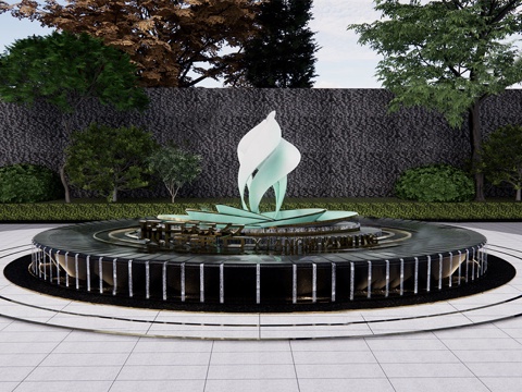  现代圆形镜面水景 喷泉景观喷泉su模型 