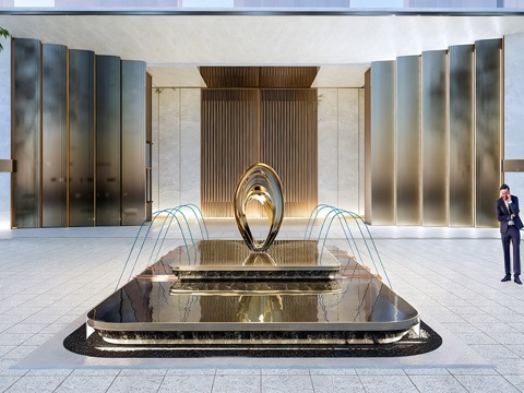  现代水景 入口水景 小区水景雕塑su模型 