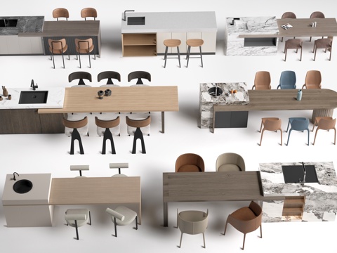 现代岛台桌椅 餐桌椅 餐厅岛台su模型