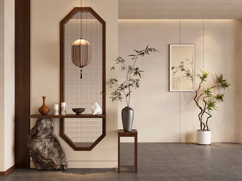  新中式中古隔断 新中式玄关隔断 屏风 端景柜3d模型 