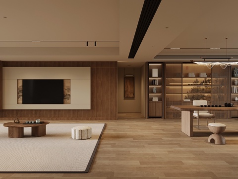 新中式家居客厅 茶室 沙发茶几组合 电视背景墙su模型