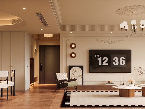  法式中古风家居客餐厅 法式客餐厅 中古风客餐厅 沙发茶几组合3d模型 