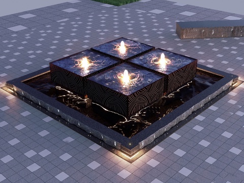  现代水景 水景小品 景观小品 置石跌水喷泉su模型 