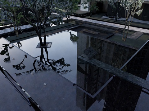  现代小区景观 下沉庭院 水景景观 公园景观su模型 