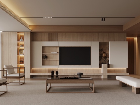 新中式客厅 电视背景墙su模型