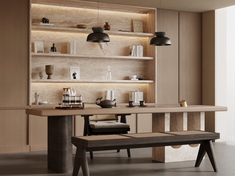 侘寂风书房 书桌椅 书柜 中古风书房su模型