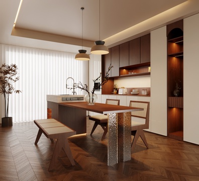 中古风餐厅 餐桌椅 岛台 酒柜su模型