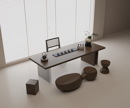 现代茶桌椅组合 实木茶桌 实木餐椅 不规则矮凳 茶具组合3d模型